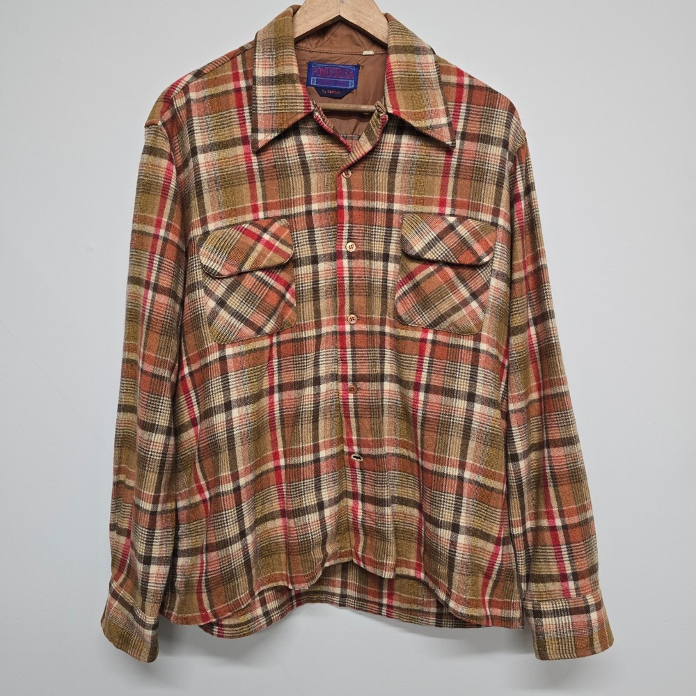 Ponderosa by Bardon Plaid Wool Shirt Mens Large Brown Red Vintage Cabin Retro